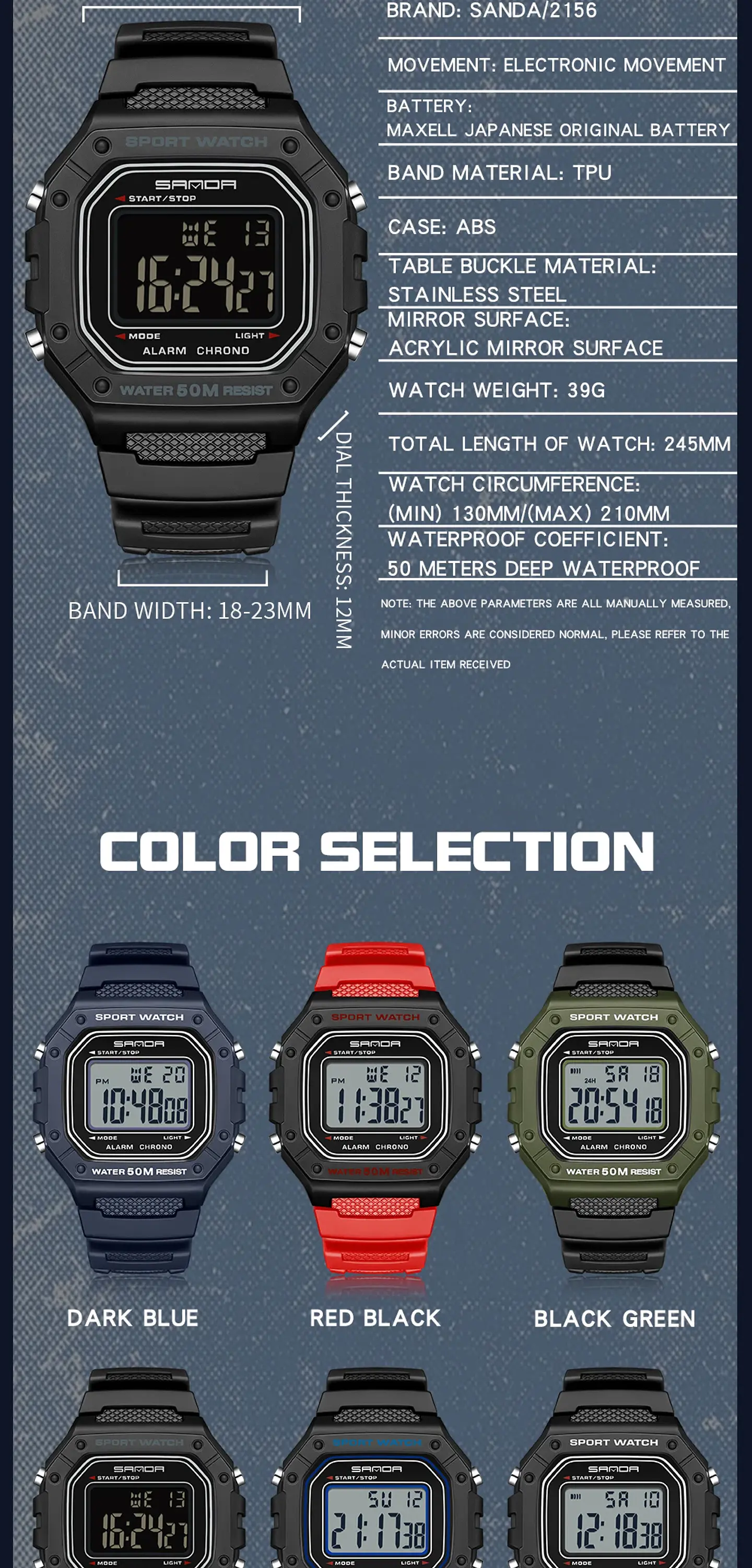 SANDA 2156 reloj de moda para hombre, relojes deportivos militares resistentes al agua, relojes de pulsera digitales Led con esfera grande del ejército, cronómetros para hombre 18