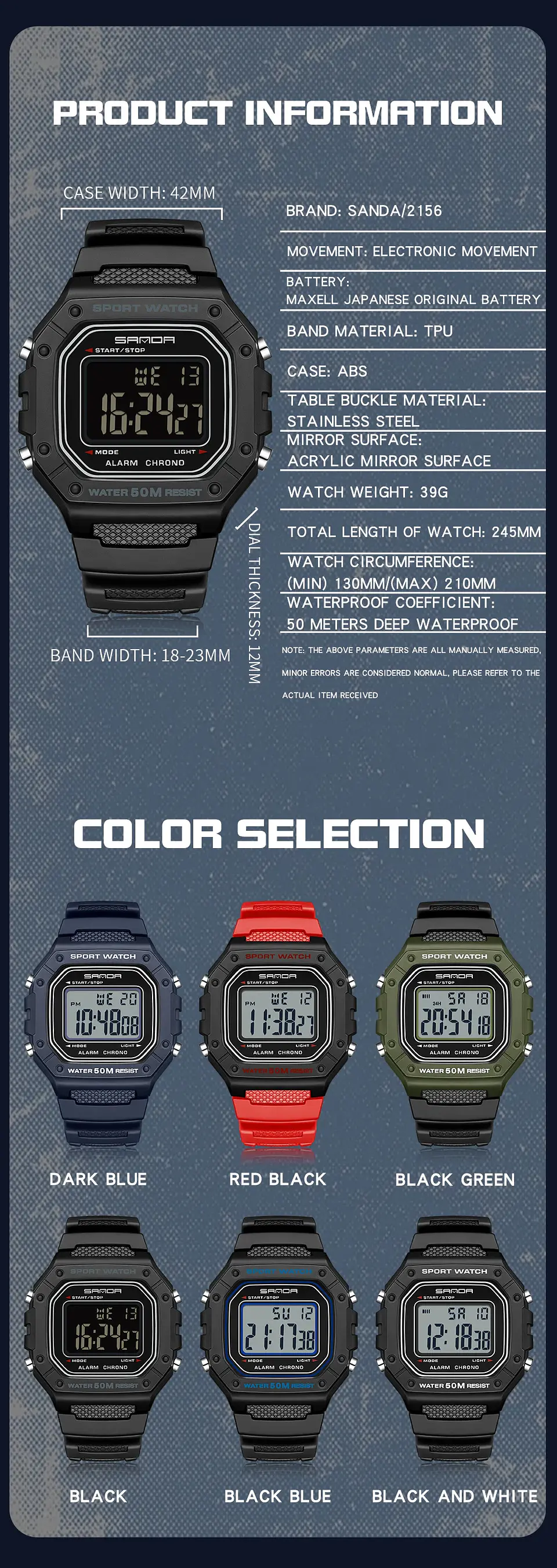SANDA 2156 reloj de moda para hombre, relojes deportivos militares resistentes al agua, relojes de pulsera digitales Led con esfera grande del ejército, cronómetros para hombre 18