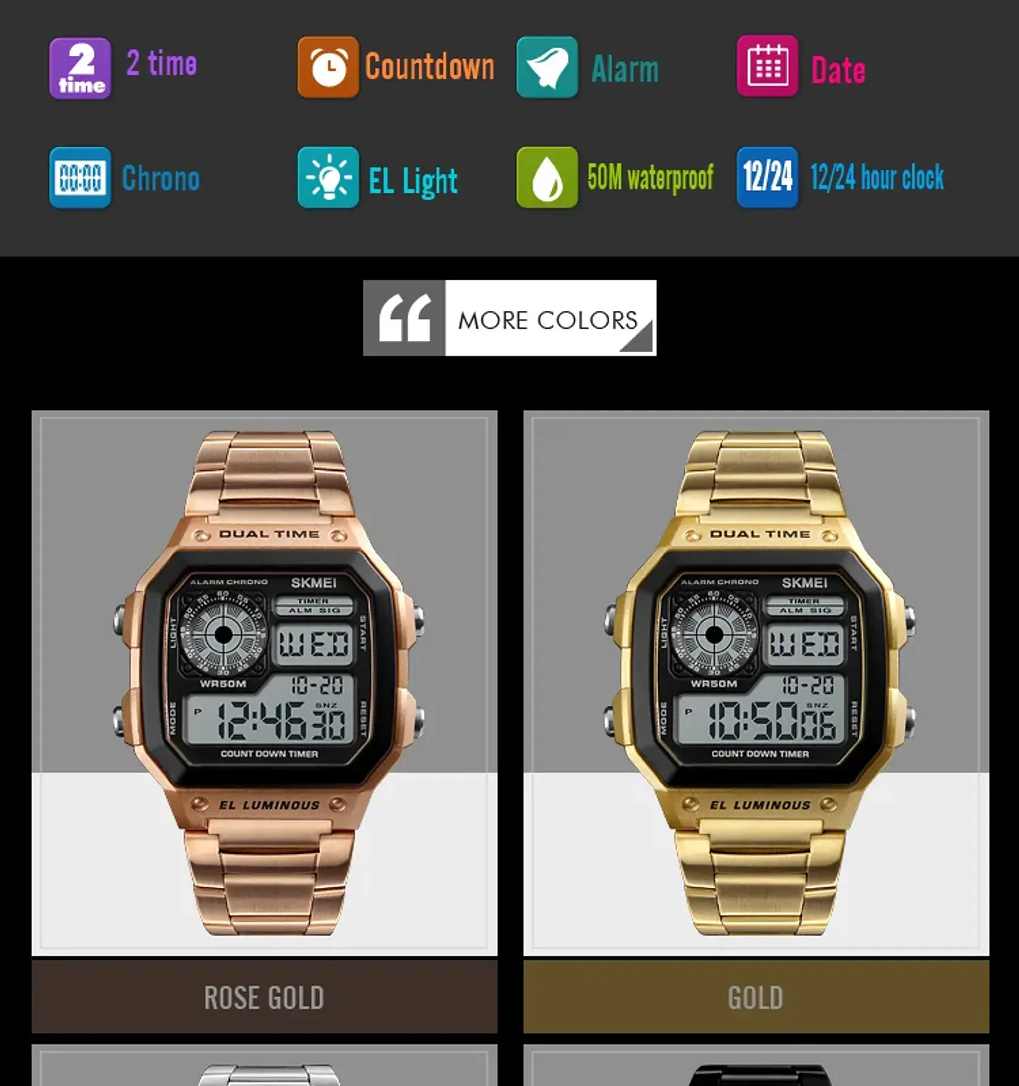 Reloj Digital SKMEI 1335 para Hombre, relojes de pulsera electrónicos cronógrafo impermeables deportivos Retro para Hombre, Reloj de acero inoxidable para Hombre 17