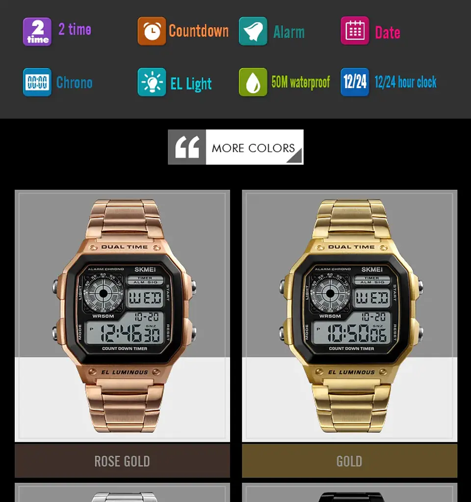 Reloj Digital SKMEI 1335 para Hombre, relojes de pulsera electrónicos cronógrafo impermeables deportivos Retro para Hombre, Reloj de acero inoxidable para Hombre 17
