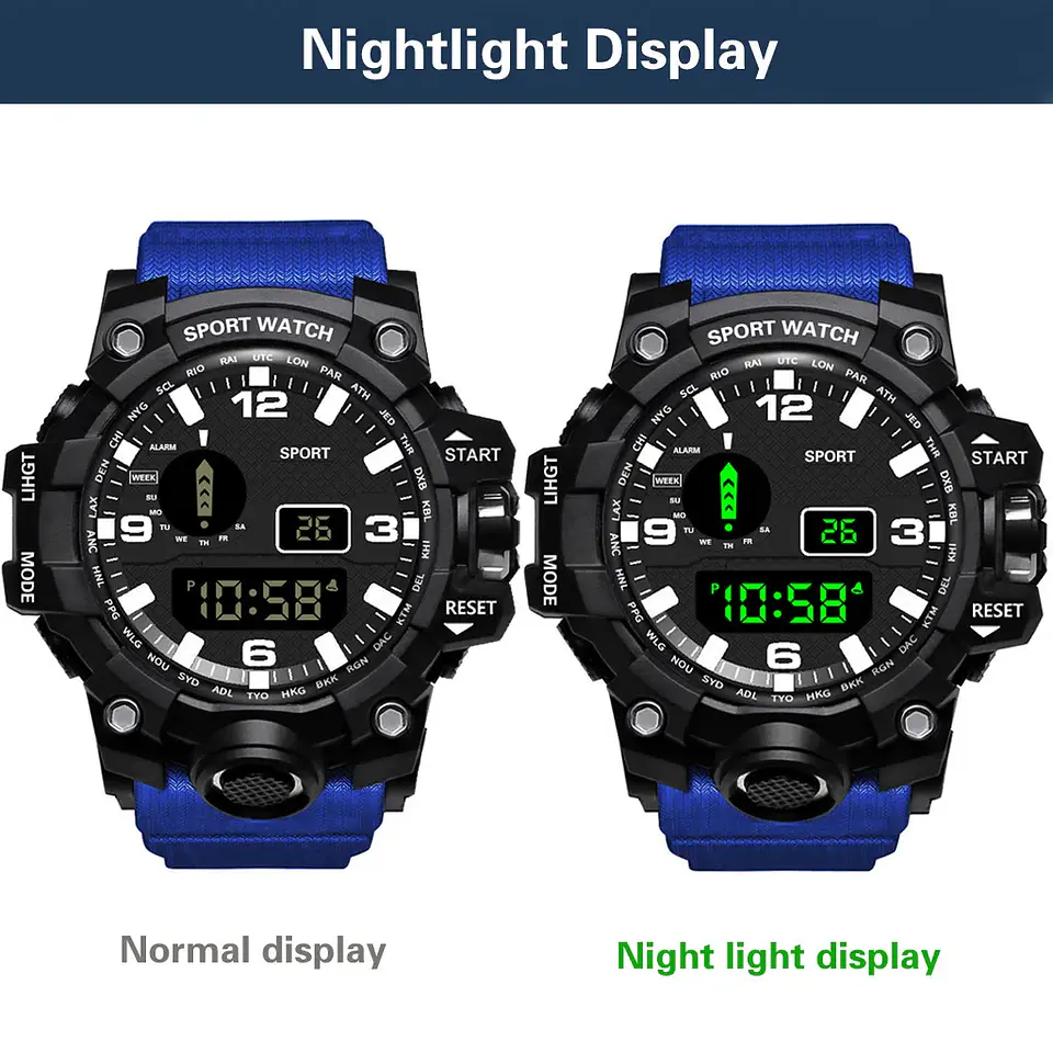 Reloj de pulsera electrónico deportivo a la moda para hombre, Esfera Grande, multifuncional, resistente al agua, alarma luminosa, reloj militar para niños y hombres 21