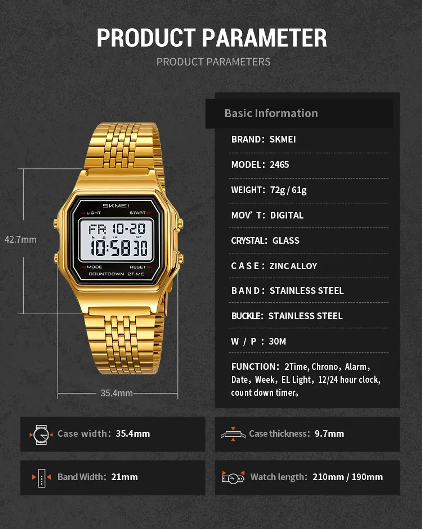 Reloj Digital SKMEI 2465 de lujo para hombre, reloj electrónico resistente al agua de acero inoxidable. 28