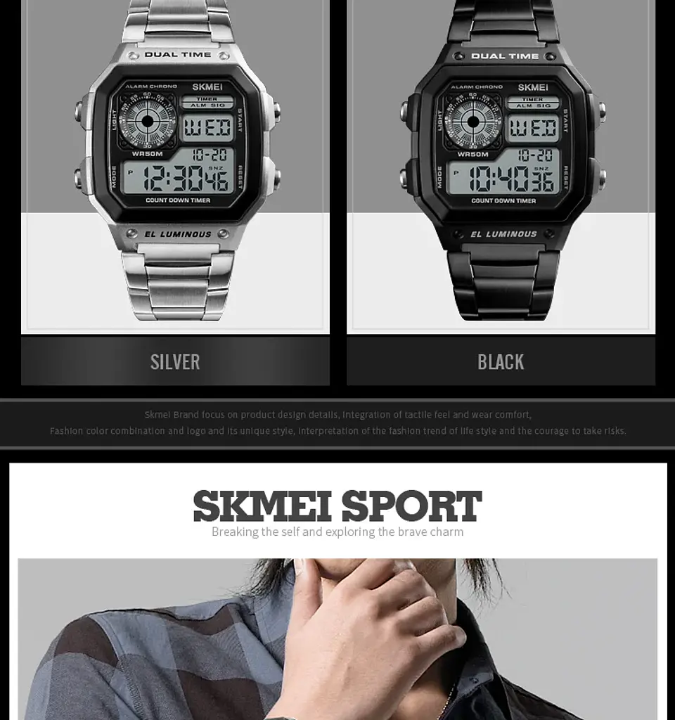 Reloj Digital SKMEI 1335 para Hombre, relojes de pulsera electrónicos cronógrafo impermeables deportivos Retro para Hombre, Reloj de acero inoxidable para Hombre 18