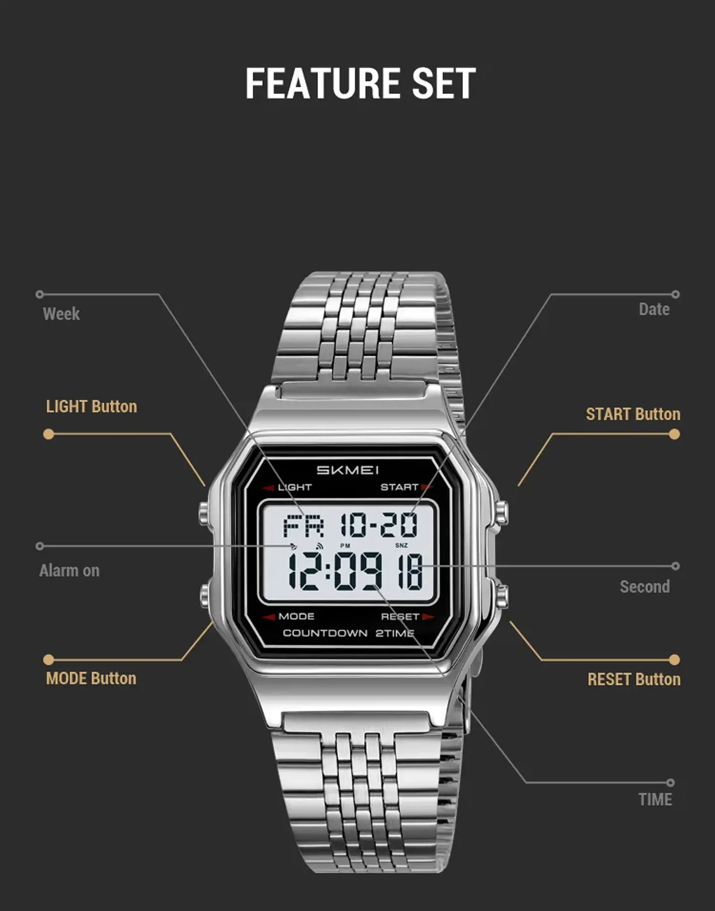 Reloj Digital SKMEI 2465 de lujo para hombre, reloj electrónico resistente al agua de acero inoxidable. 29