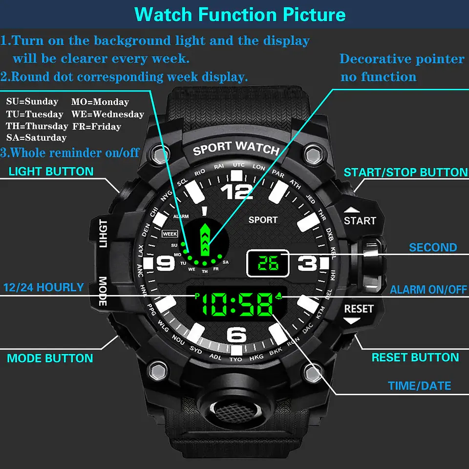 Reloj de pulsera electrónico deportivo a la moda para hombre, Esfera Grande, multifuncional, resistente al agua, alarma luminosa, reloj militar para niños y hombres 23
