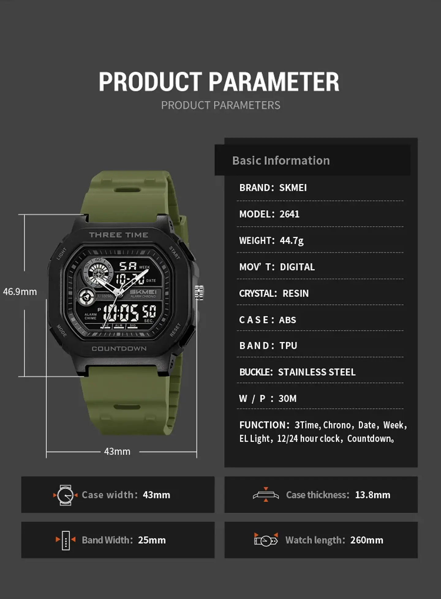 SKMEI 2641 Nuevo Reloj Digital Deportivo de Doble Pantalla para Hombre, Reloj Militar Electrónico Multifuncional a Prueba de Agua. 24