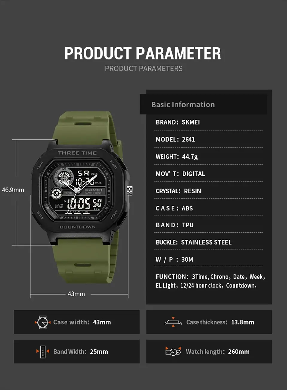 SKMEI 2641 Nuevo Reloj Digital Deportivo de Doble Pantalla para Hombre, Reloj Militar Electrónico Multifuncional a Prueba de Agua. 24