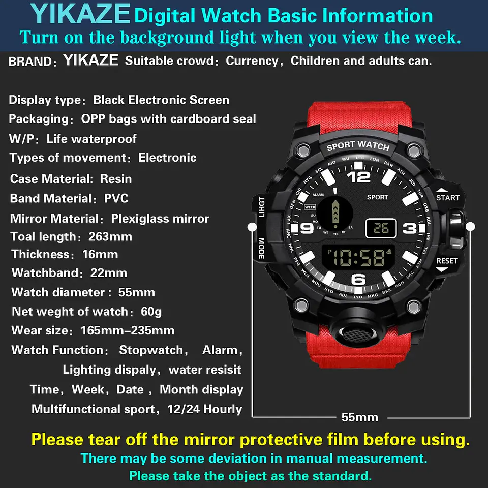 Reloj de pulsera electrónico deportivo a la moda para hombre, Esfera Grande, multifuncional, resistente al agua, alarma luminosa, reloj militar para niños y hombres 24