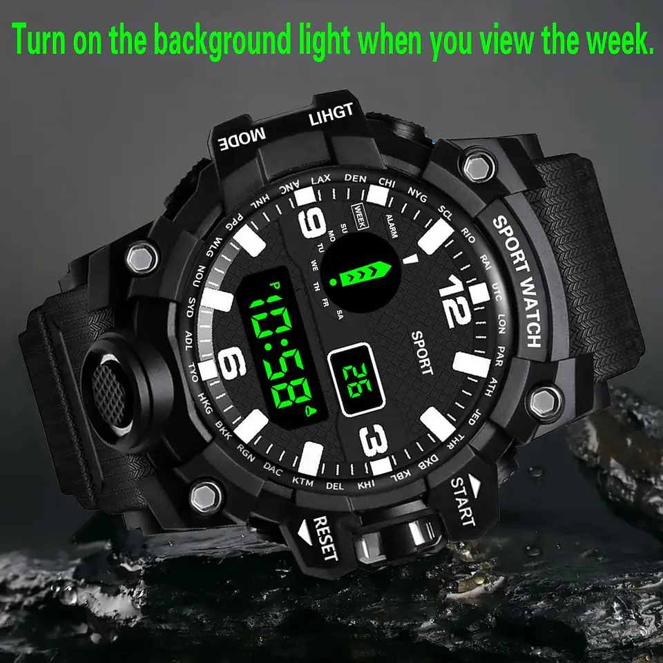 Reloj de pulsera electrónico deportivo a la moda para hombre, Esfera Grande, multifuncional, resistente al agua, alarma luminosa, reloj militar para niños y hombres 25
