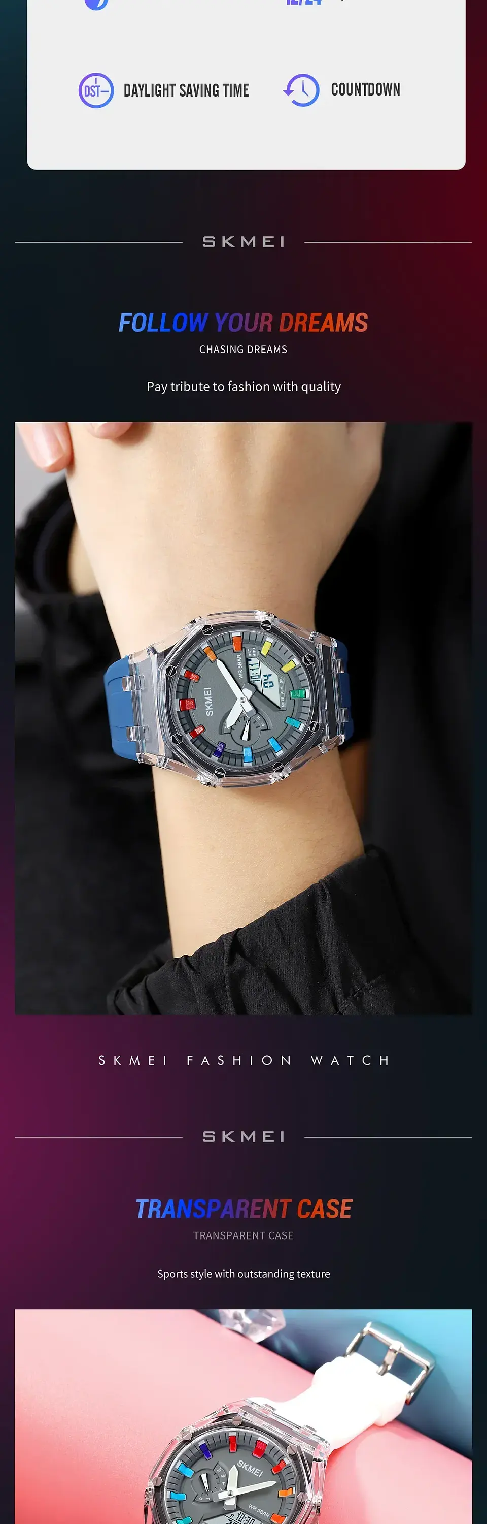 Reloj SKMEI 2100 resistente al agua para hombre, cronómetro de cuenta atrás, luz Led, reloj de pulsera con movimiento electrónico, reloj despertador de 5 horas, relojes digitales 19