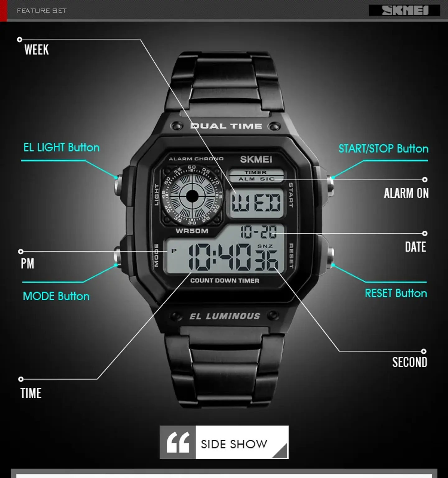 Reloj Digital SKMEI 1335 para Hombre, relojes de pulsera electrónicos cronógrafo impermeables deportivos Retro para Hombre, Reloj de acero inoxidable para Hombre 21
