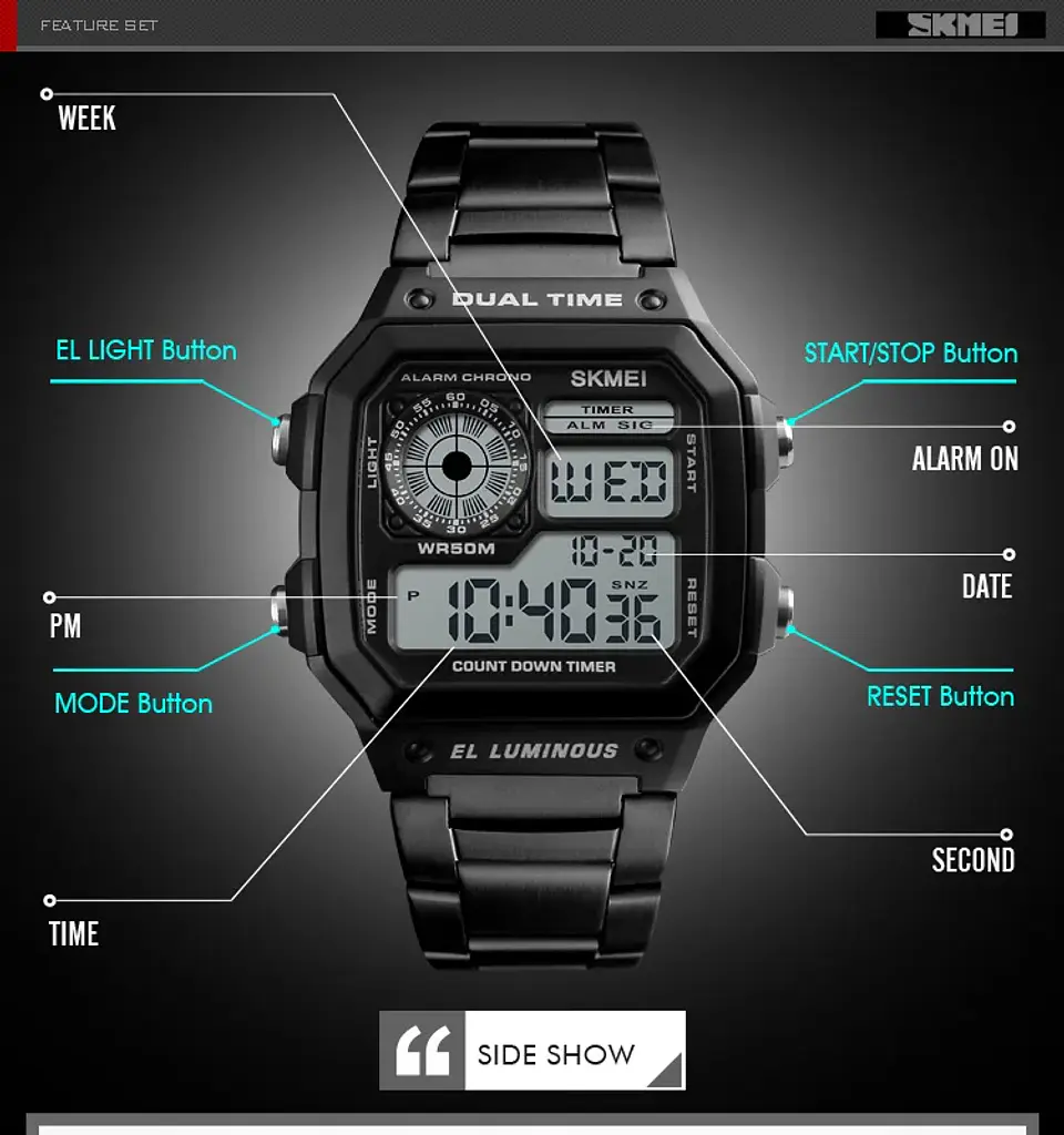 Reloj Digital SKMEI 1335 para Hombre, relojes de pulsera electrónicos cronógrafo impermeables deportivos Retro para Hombre, Reloj de acero inoxidable para Hombre 21
