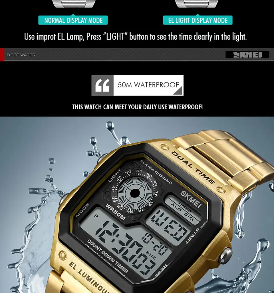 Reloj Digital SKMEI 1335 para Hombre, relojes de pulsera electrónicos cronógrafo impermeables deportivos Retro para Hombre, Reloj de acero inoxidable para Hombre 23