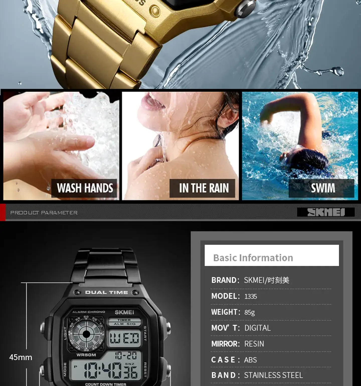 Reloj Digital SKMEI 1335 para Hombre, relojes de pulsera electrónicos cronógrafo impermeables deportivos Retro para Hombre, Reloj de acero inoxidable para Hombre 24