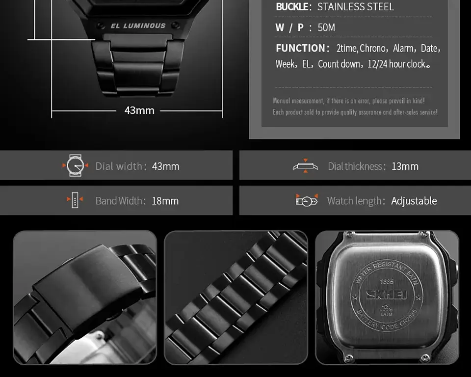 Reloj Digital SKMEI 1335 para Hombre, relojes de pulsera electrónicos cronógrafo impermeables deportivos Retro para Hombre, Reloj de acero inoxidable para Hombre 25