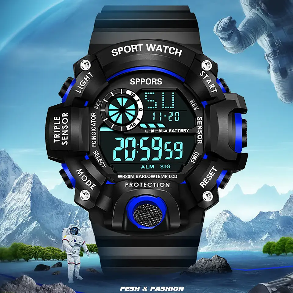 Reloj de pulsera electrónico deportivo a la moda para hombre, Esfera Grande, multifuncional, resistente al agua, alarma luminosa, reloj militar para niños y hombres 30