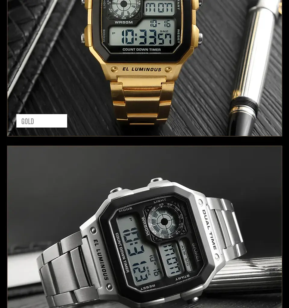 Reloj Digital SKMEI 1335 para Hombre, relojes de pulsera electrónicos cronógrafo impermeables deportivos Retro para Hombre, Reloj de acero inoxidable para Hombre 27