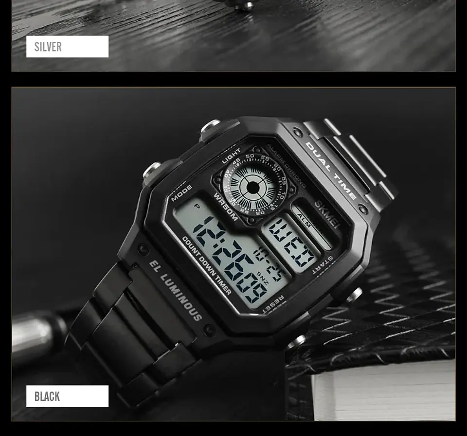 Reloj Digital SKMEI 1335 para Hombre, relojes de pulsera electrónicos cronógrafo impermeables deportivos Retro para Hombre, Reloj de acero inoxidable para Hombre 28
