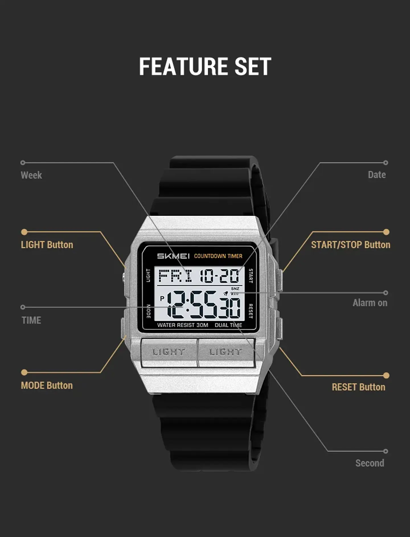 Reloj Electrónico Digital Deportivo SKMEI 2475, Nuevo, Resistente al Agua, para Hombre y Mujer, Diseño Simple, con Luz Nocturna EL, Reloj de Lujo 30