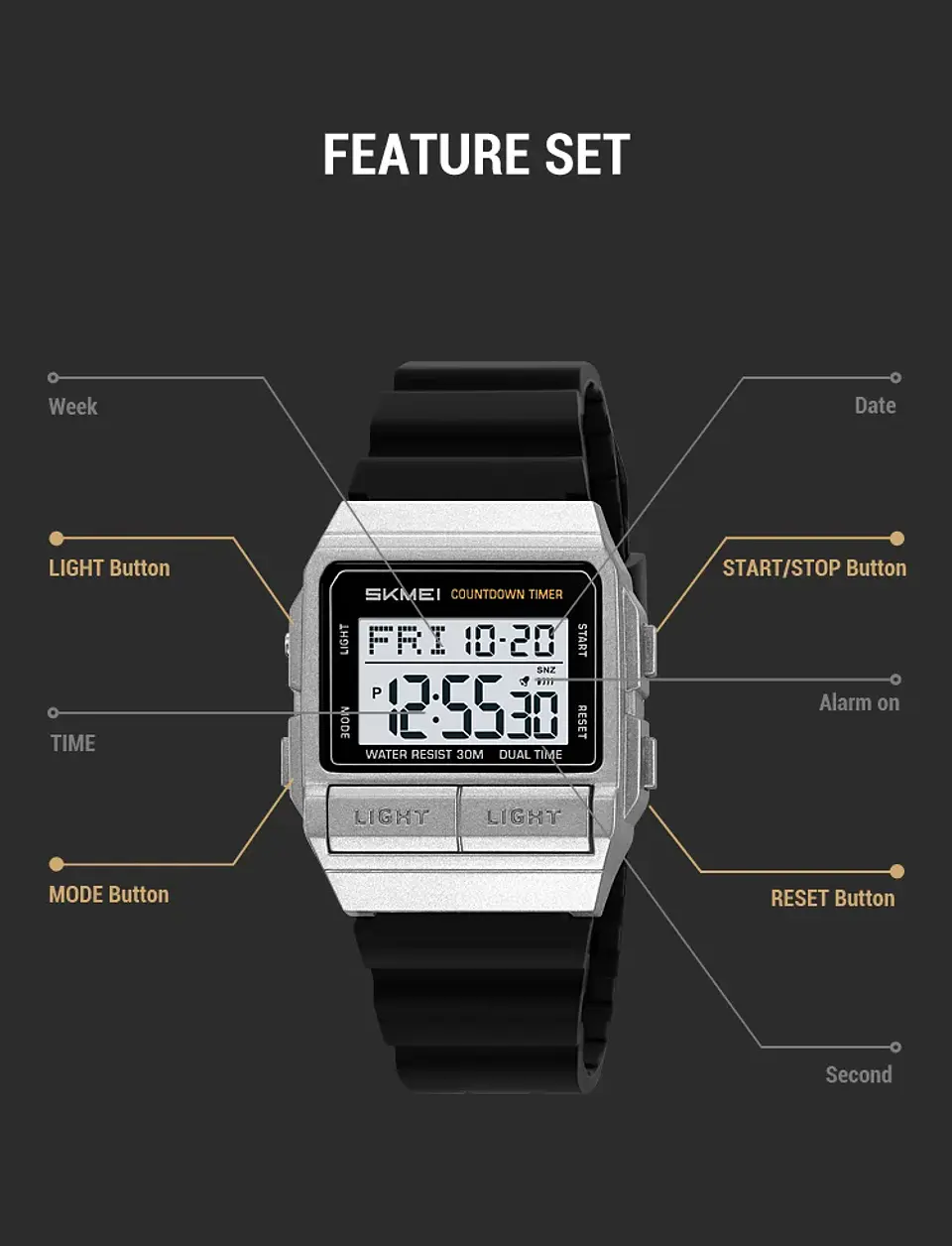 Reloj Electrónico Digital Deportivo SKMEI 2475, Nuevo, Resistente al Agua, para Hombre y Mujer, Diseño Simple, con Luz Nocturna EL, Reloj de Lujo 30