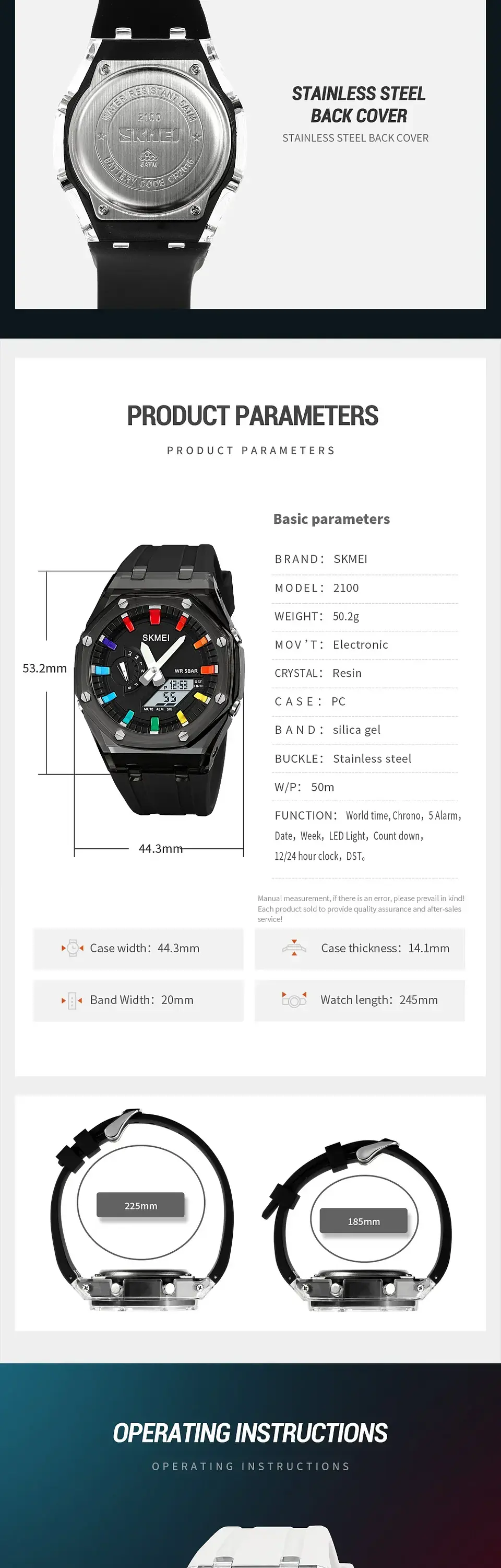 Reloj SKMEI 2100 resistente al agua para hombre, cronómetro de cuenta atrás, luz Led, reloj de pulsera con movimiento electrónico, reloj despertador de 5 horas, relojes digitales 22