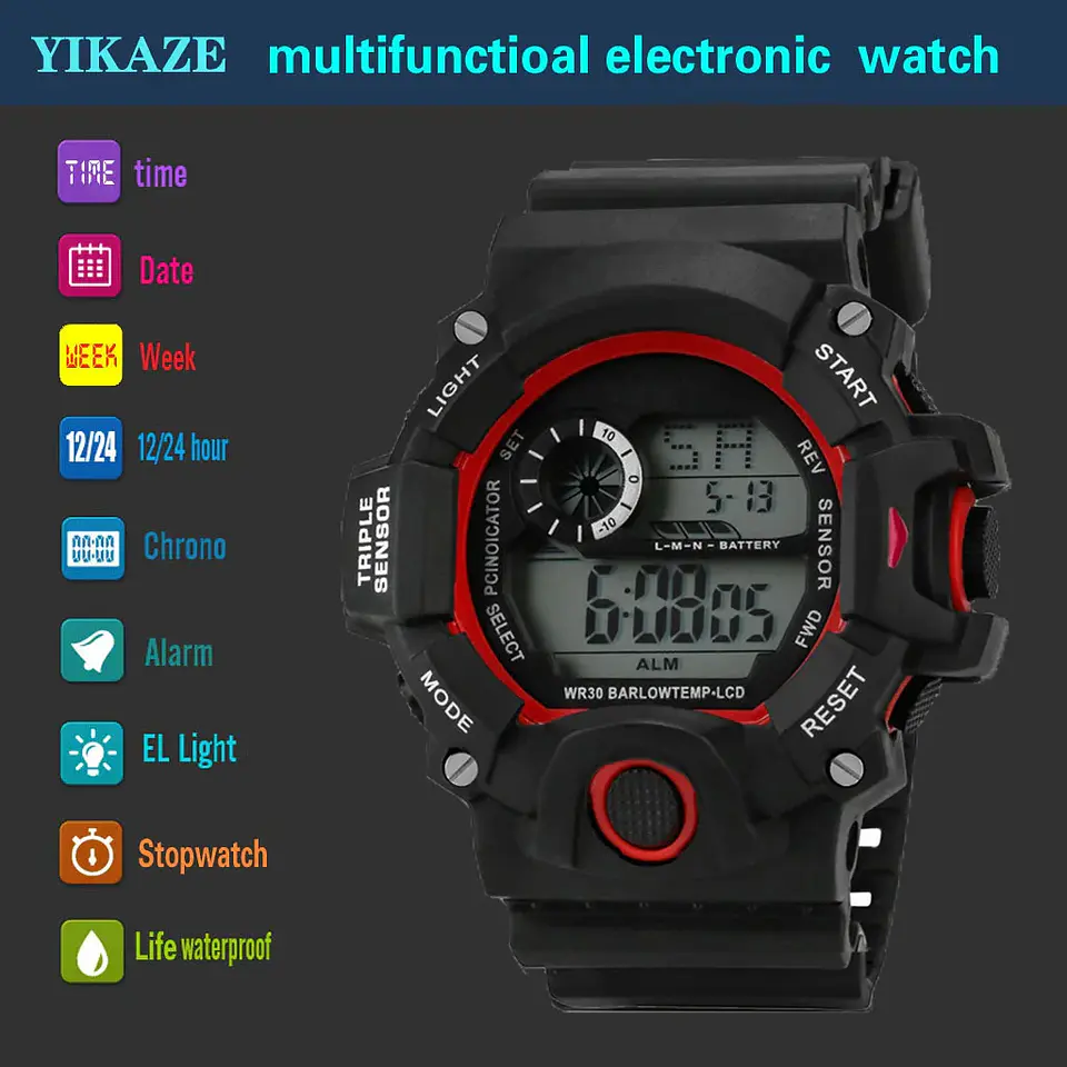 Reloj de pulsera electrónico deportivo a la moda para hombre, Esfera Grande, multifuncional, resistente al agua, alarma luminosa, reloj militar para niños y hombres 39