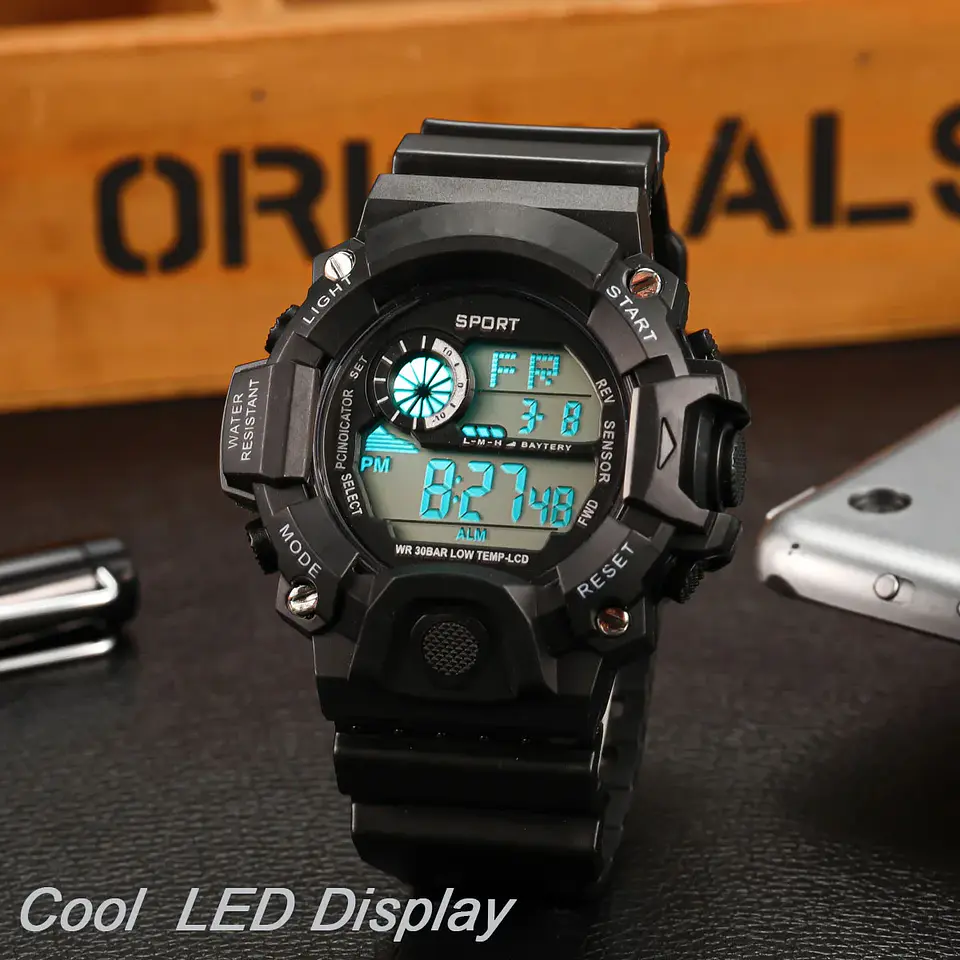 Reloj de pulsera electrónico deportivo a la moda para hombre, Esfera Grande, multifuncional, resistente al agua, alarma luminosa, reloj militar para niños y hombres 41