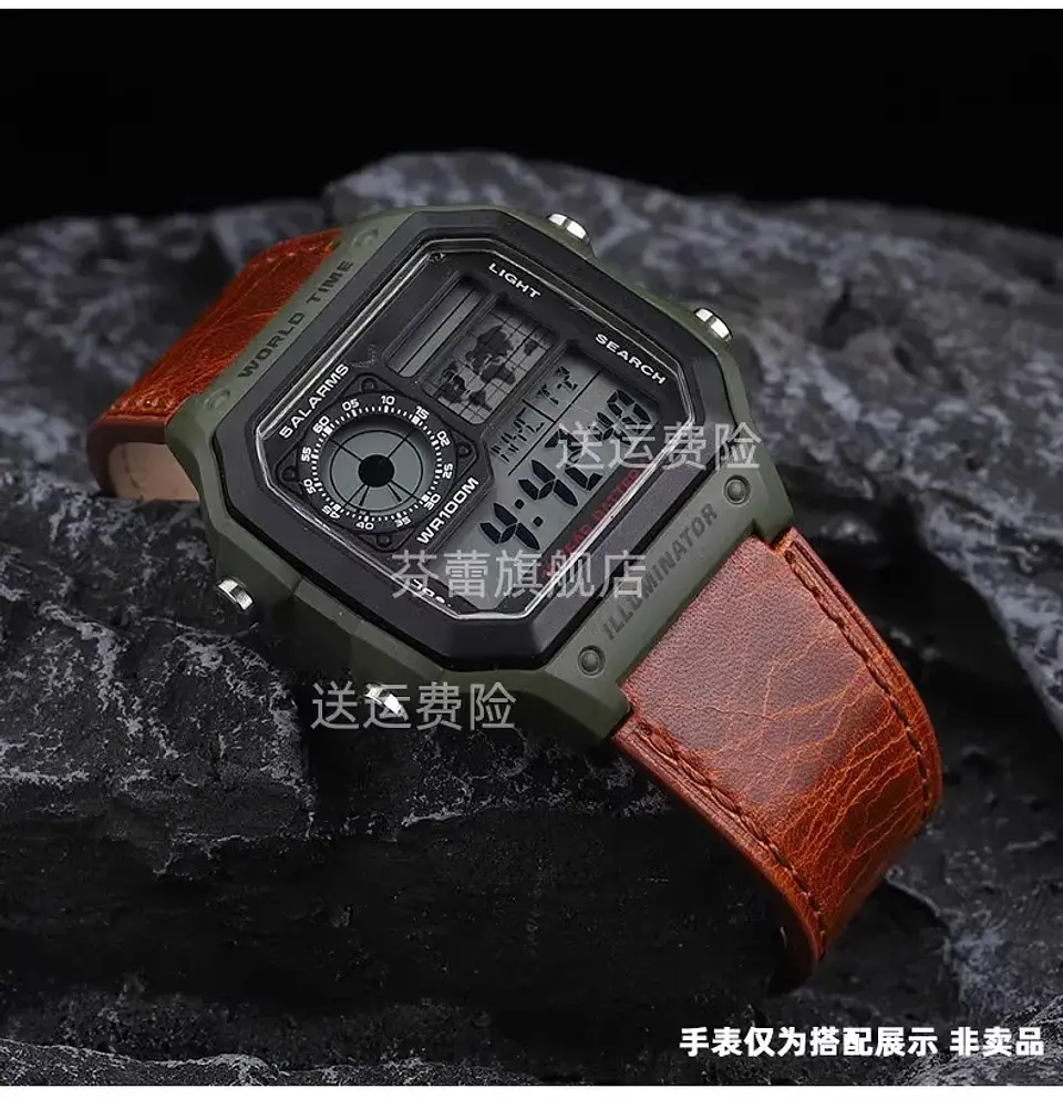Correa de reloj Retro de cuero genuino para Casio AE1200 AE1300 A158W/A168 W-216H, correa de reloj Vintage, pulsera de boca convexa para hombre de 18MM 39