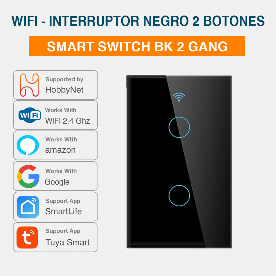 Interruptor WiFi Con o Sin Neutro Negro 2 entradas Táctil