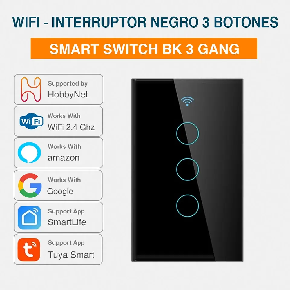 Interruptor Wifi Touch Negro 2 Botones (sin Neutro)