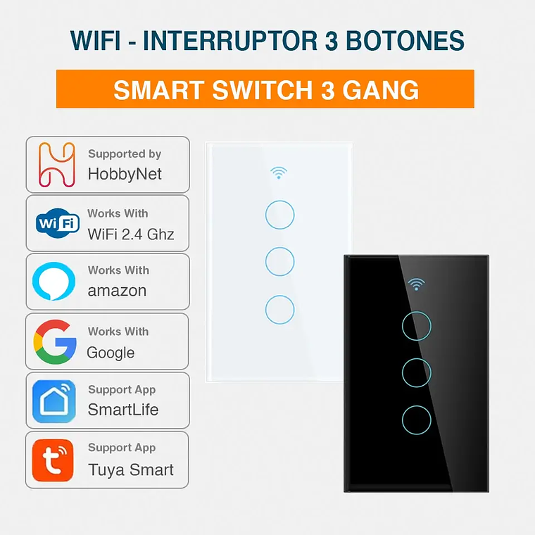 WiFi - Interruptor Inteligente Táctil Triple - Tuya Smart Life 1