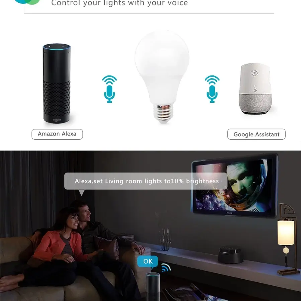 Bombillo LED Inteligente Mando De Voz Alexa Google Asistente