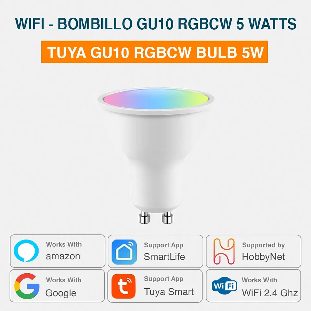 PACK 2 bombillas LED wifi inteligentes GU10 5W 400LM CCT (2700-6500K)  dimable & RGB
