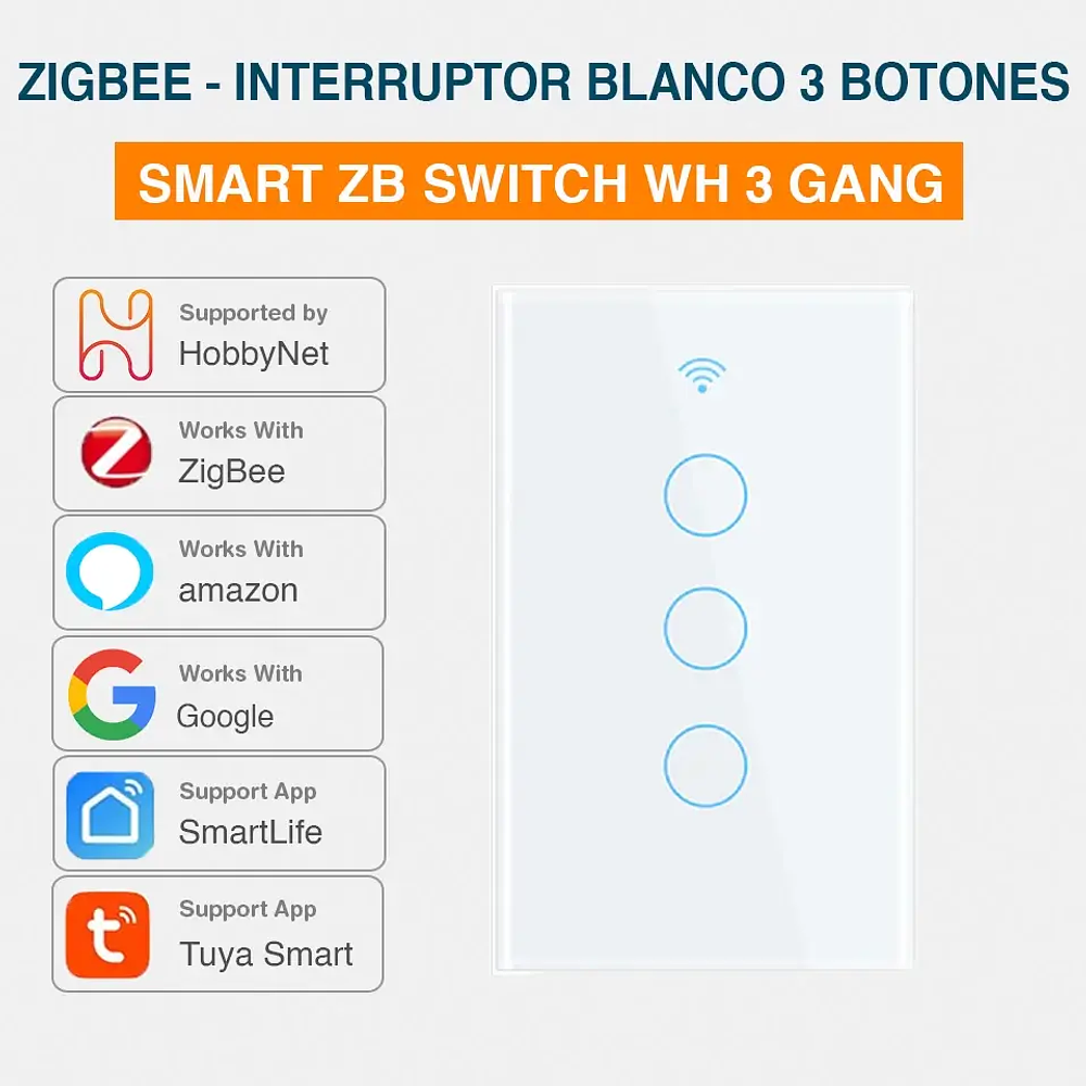 Interruptor de Luz Inteligente - 3 Botones WiFi + Bluetooth - Blanco
