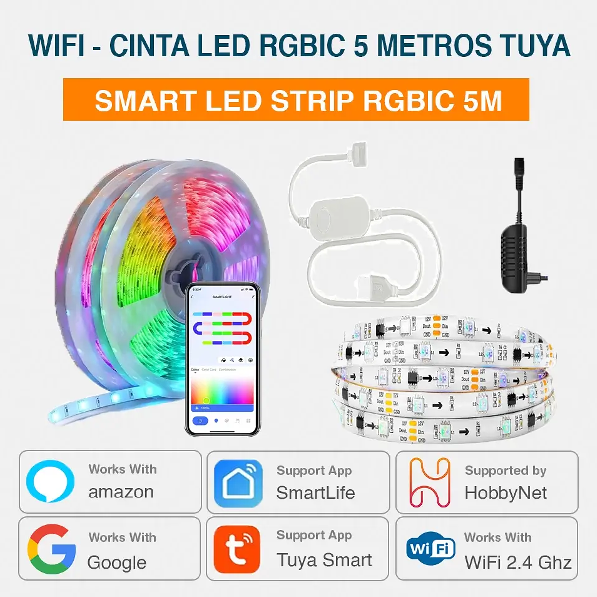 Cinta luz led RGB 5 M + App Bluetooth Con Control Smart TV