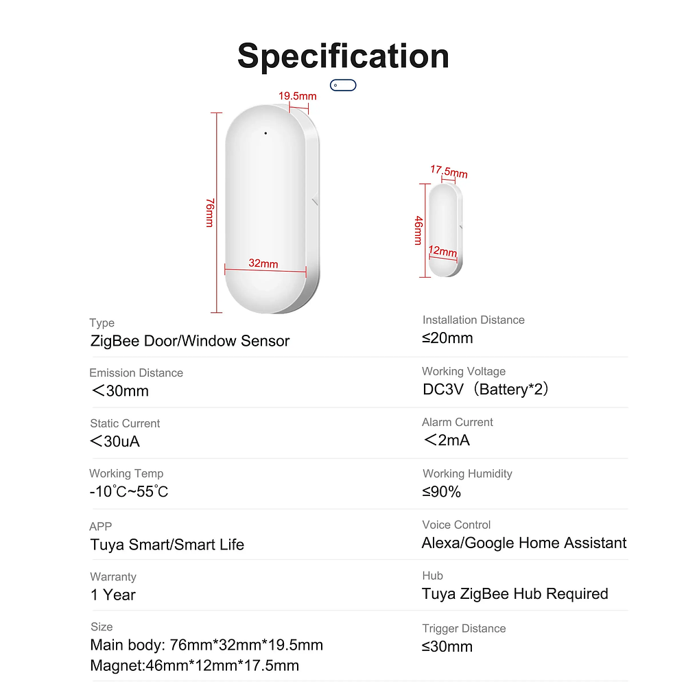 Zigbee - Sensor De Puertas y Ventanas Batería AAA - Tuya Smart Life