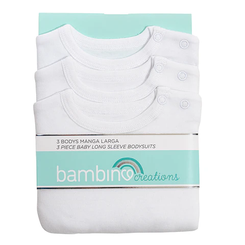 Bodys Manga Larga Set 3 Piezas 100% Algodón Básico Liso Blanco