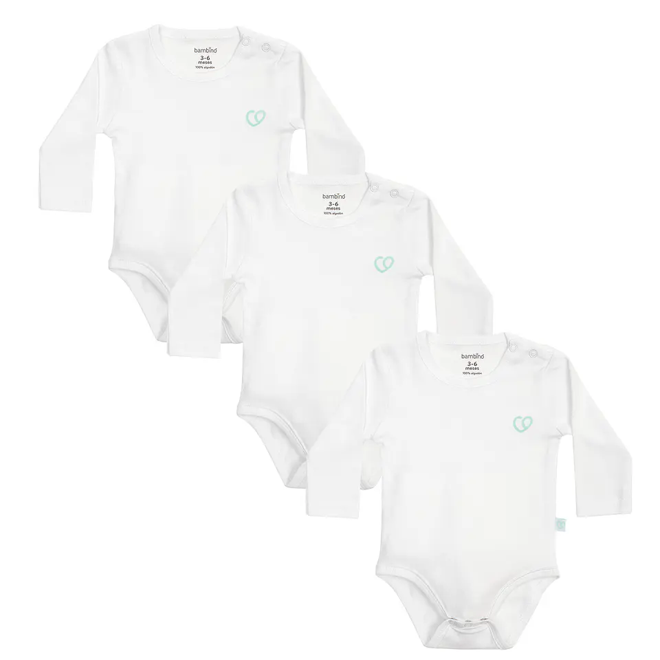 Bodys Manga Larga Set 3 Piezas 100% Algodón Básico Liso Blanco 2