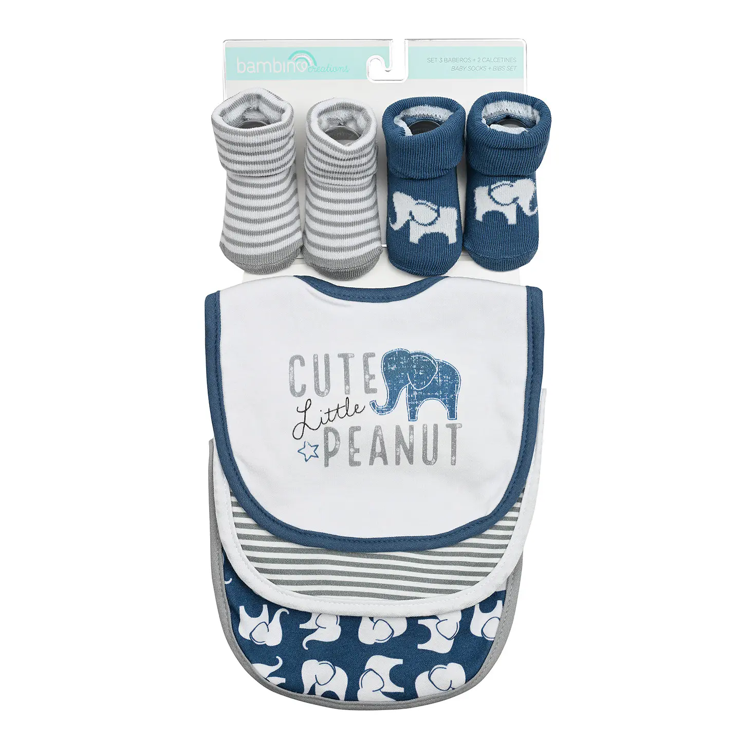 Set de 5 Piezas Niño: Baberos + Calcetines Celeste Elefante 1