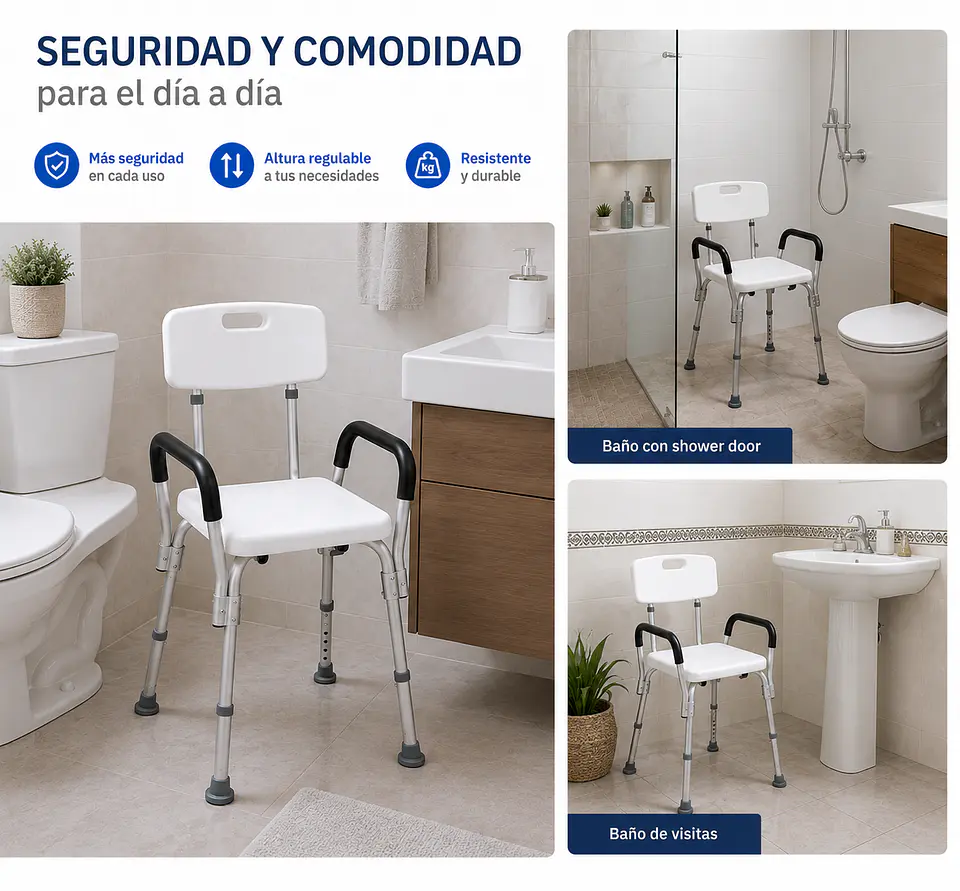 Silla Ducha Adulto Mayor Con Respaldo Apoyabrazos Regulable Antideslizante 4