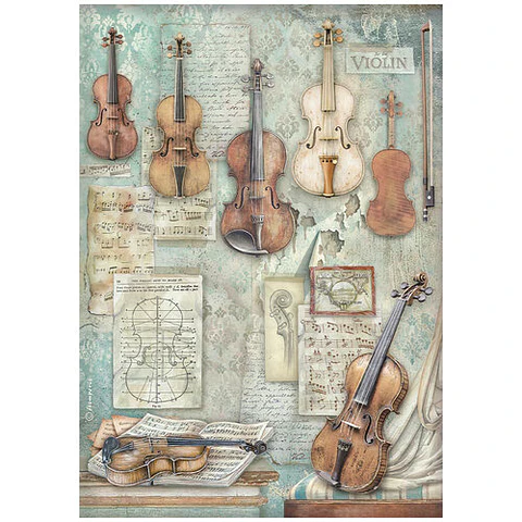 Papel de arroz Stamperia A4 — Symphony — Violins (DFSA41124)