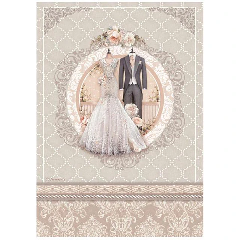 Papel de arroz Stamperia A4 — You and Me — Wedding Dress (DFSA4695)