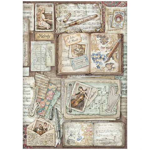 Papel de arroz Stamperia A4 — Symphony — Letters and Books (DFSA41128)