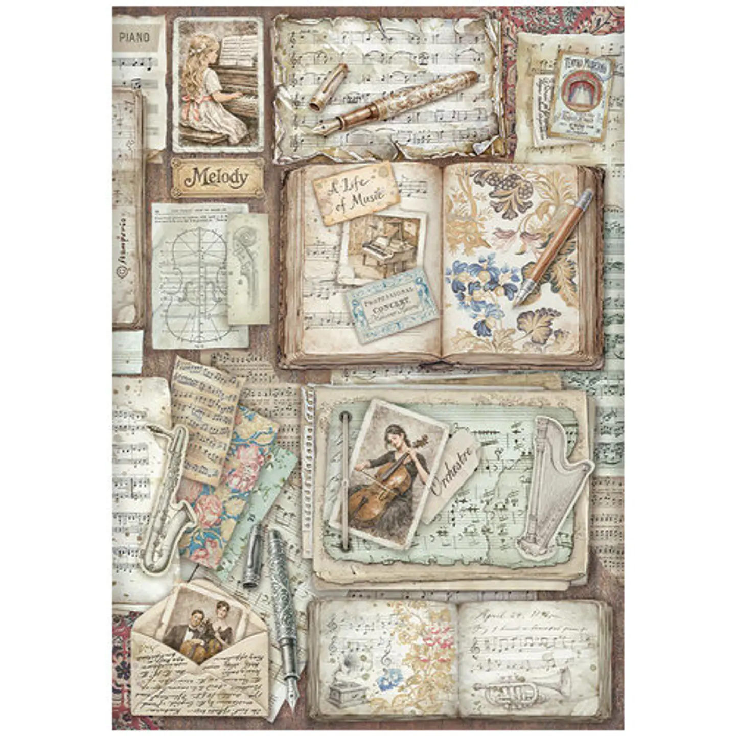 Papel de arroz Stamperia A4 — Symphony — Letters and Books (DFSA41128) 1