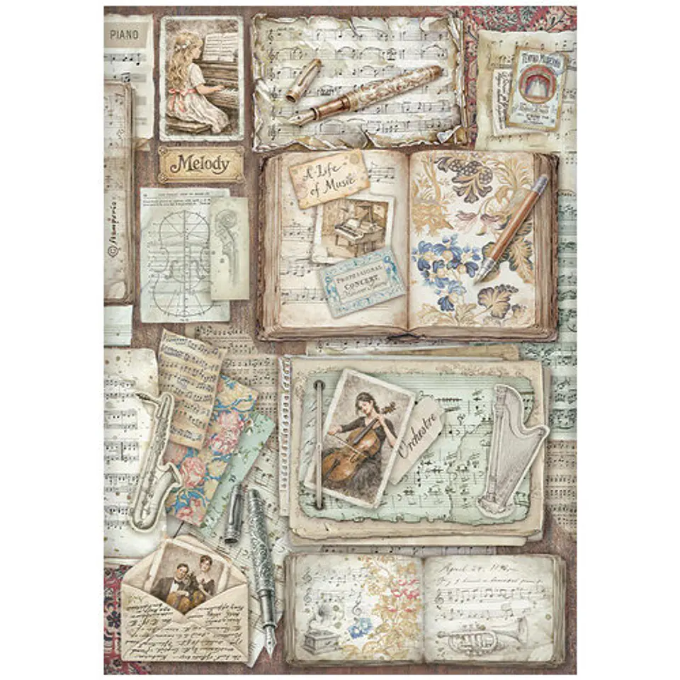 Papel de arroz Stamperia A4 — Symphony — Letters and Books (DFSA41128) 1
