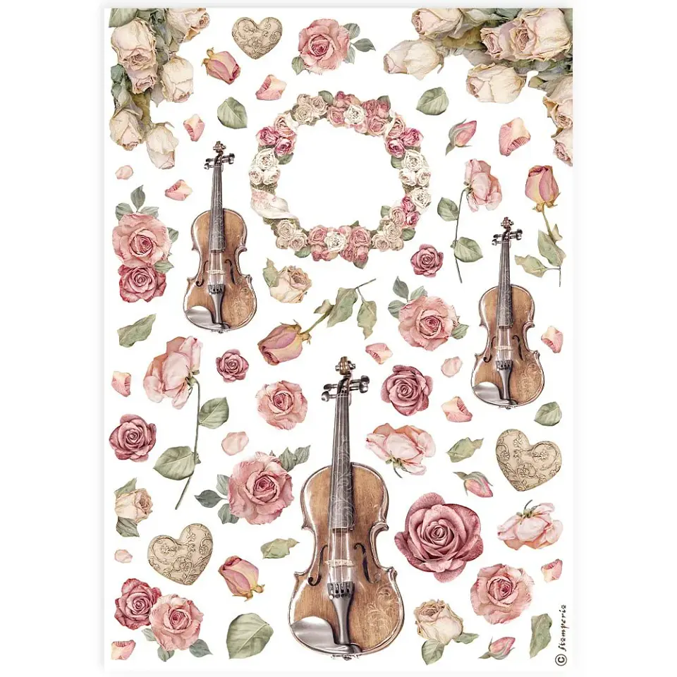 Papel de arroz Stamperia A4 — Violins and Roses 1