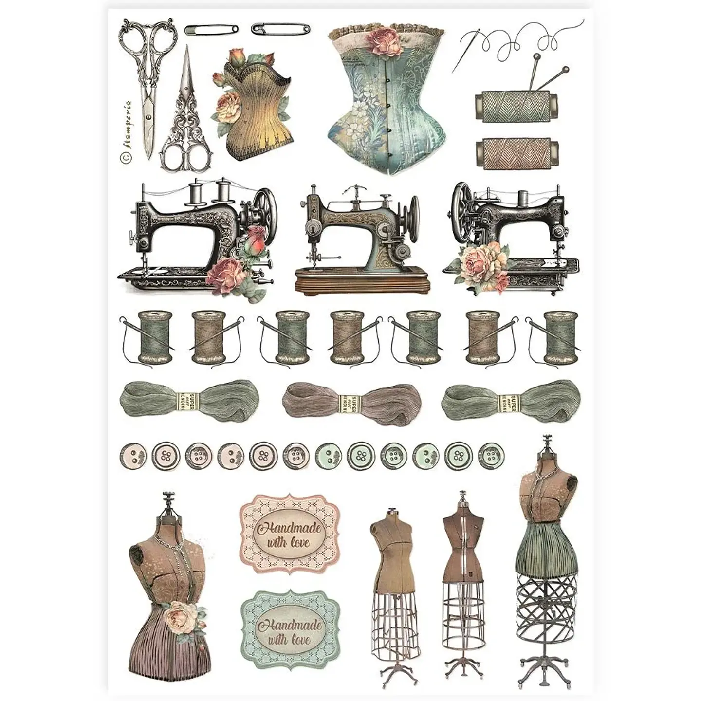 Papel de arroz Stamperia A4 — Sewing Accessories (DFSA4908) 1