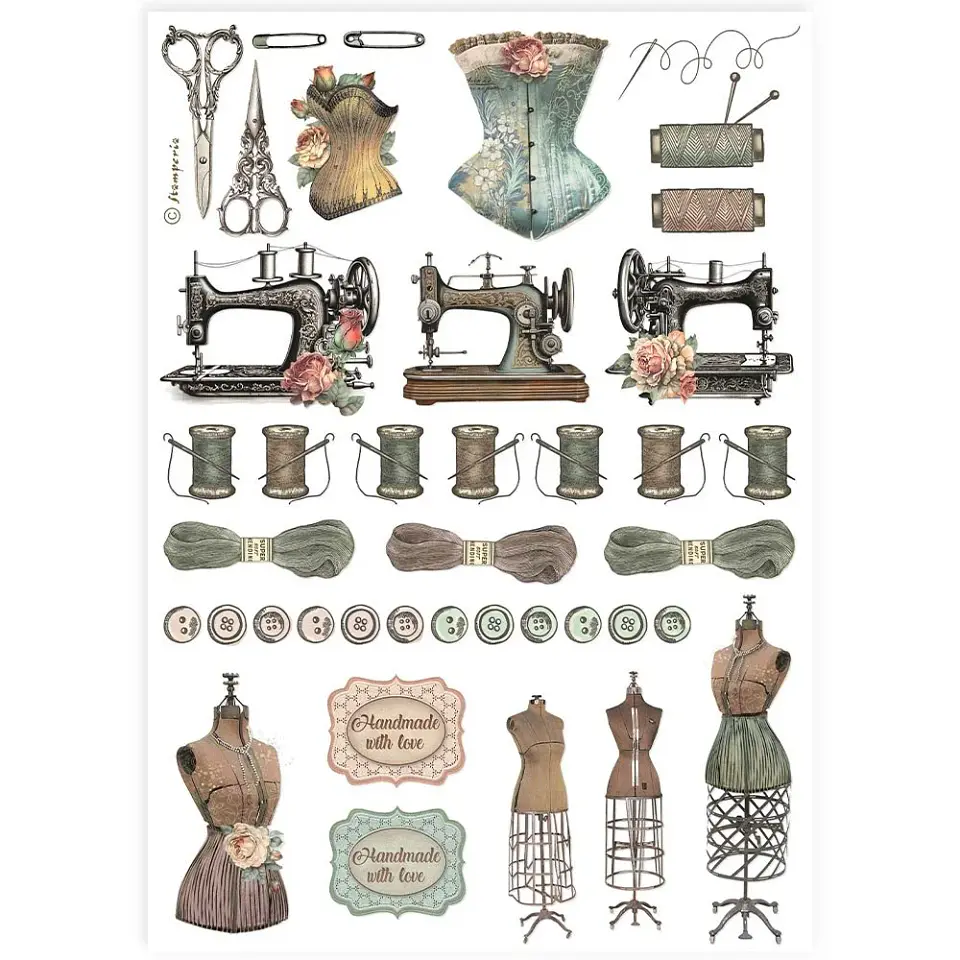 Papel de arroz Stamperia A4 — Sewing Accessories (DFSA4908) 1