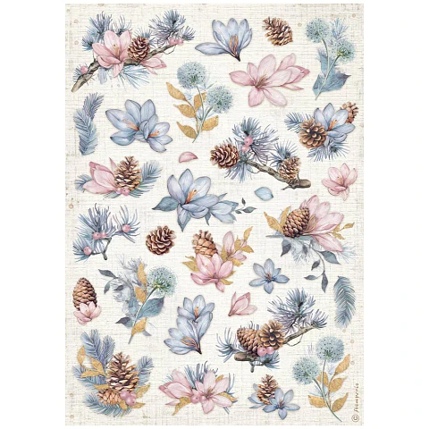 Papel de arroz Stamperia A4 — Create Happiness Dewdrops — Pinecones and Flowers