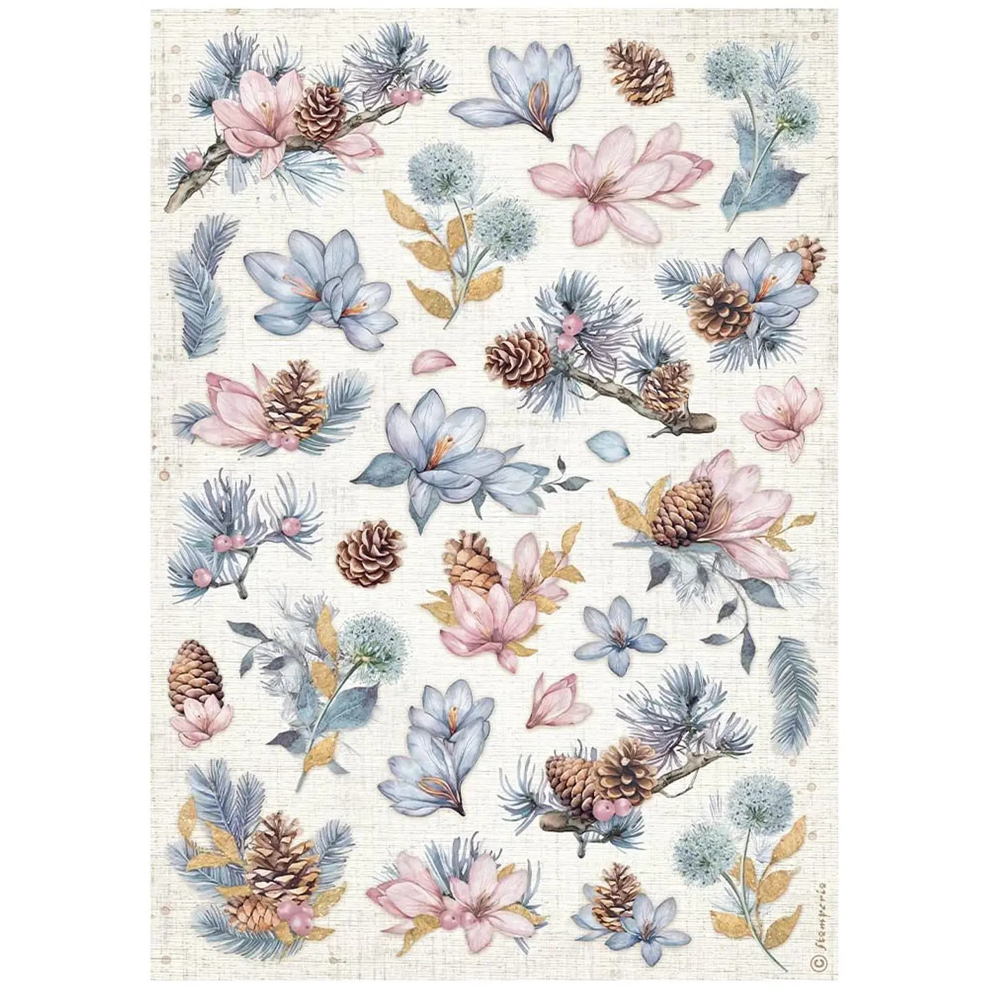 Papel de arroz Stamperia A4 — Create Happiness Dewdrops — Pinecones and Flowers 1